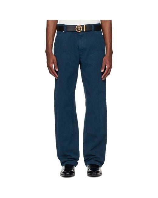 Versace Blue Overdyed Canvas Carpenter Trousers for men