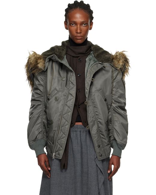 Junya Watanabe Black Khaki Faux-Fur Hood Bomber Jacket