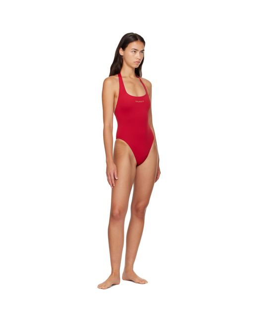 Balmain Red Studded Logo Halter Swimsuit
