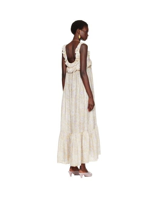 Chloé Natural Painted Flowers Print Silk Charmeuse Maxi Dress