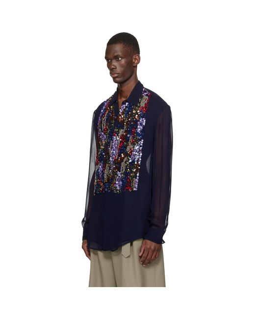 Dries Van Noten Blue Sequinned Shirt for men