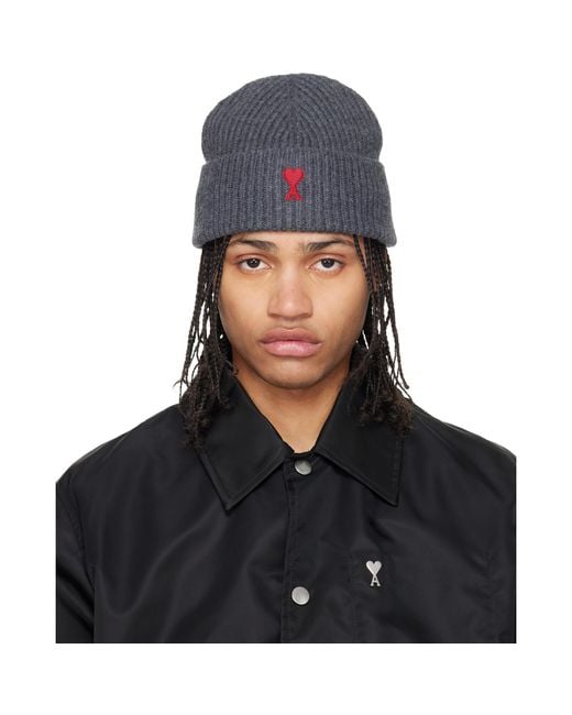 AMI Black Wool Contrasted Ami De Coeur Beanie for men