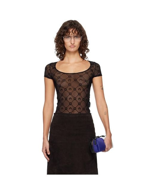 MARINE SERRE Black Recycled Mesh Flock Open Neck T-Shirt