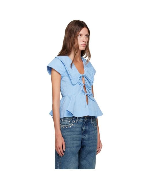 Ganni Blue Cotton Poplin Blouse