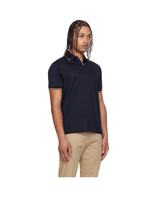 Paul Smith Blue Cotton 'Signature Stripe' Trim Zip Polo Shirt for men