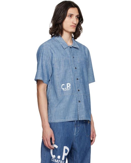 メンズ C P Company ブルー ロゴプリント シャツ Blue