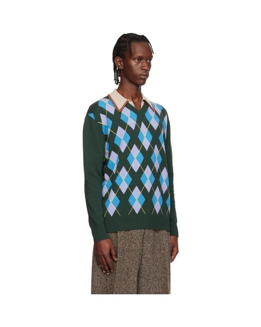 Dries Van Noten Blue Argyle Sweater for men