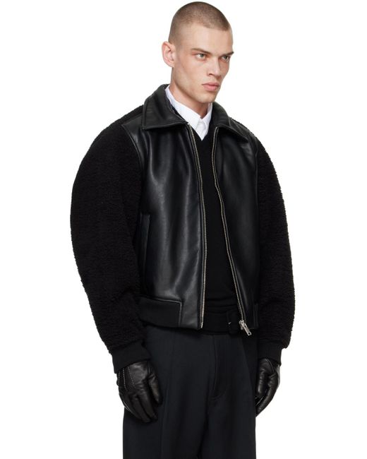 Random Identities Black Faux-Shearling & Faux-Leather Bomber Jacket for men