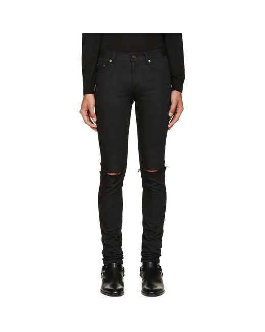 Saint Laurent Black Original Low Waisted Ripped Skinny Jeans for men
