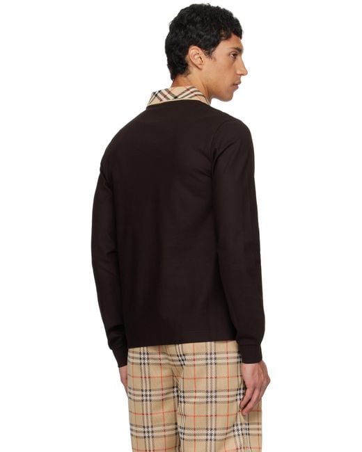 Burberry Black Long Sleeve Check Collar Cotton Polo for men
