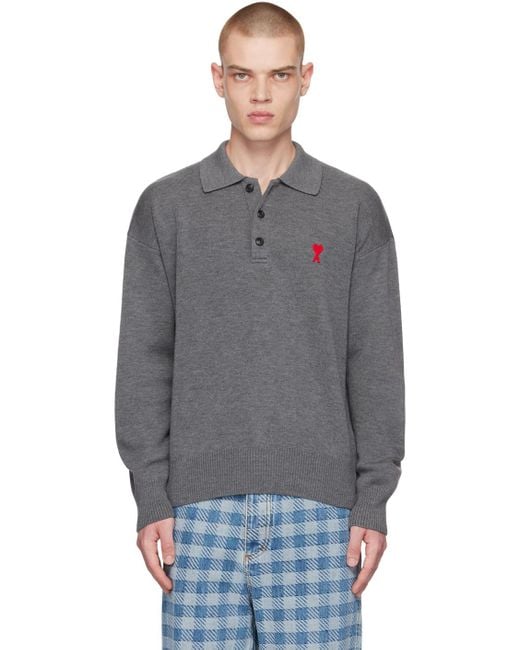 AMI Gray Ami Heart Long Sleeve Knitted Polo Shirt for men