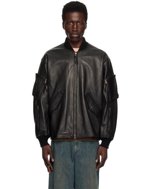 Beams Plus Black Mil Flight Leather Jacket for men