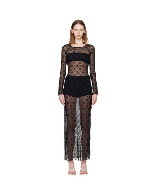 MARINE SERRE Black Moonogram Mesh Flock Ls Crewneck Maxi Dress