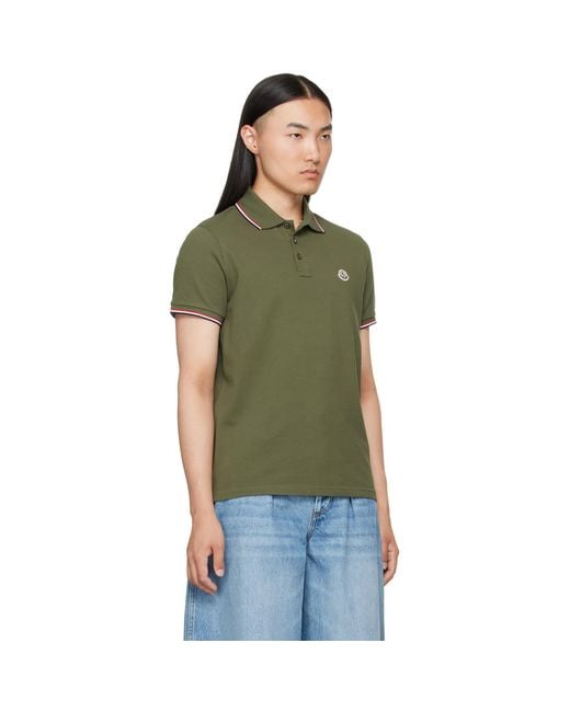 Moncler Green Khaki Tricolor-Trimmed Cotton Piquet Polo for men