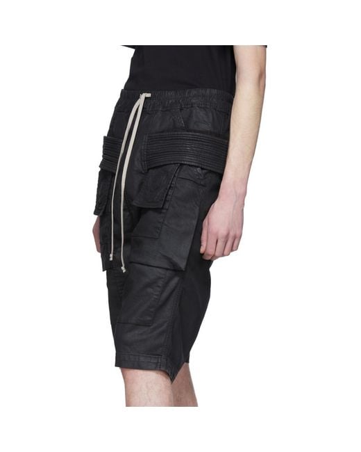 Rick Owens DRKSHDW Black Denim Wax Creatch Cargo Pods Shorts for