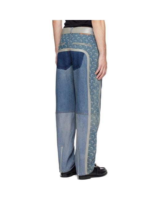 MARINE SERRE Blue Regenerated Denim Belted Baggy Jeans for men