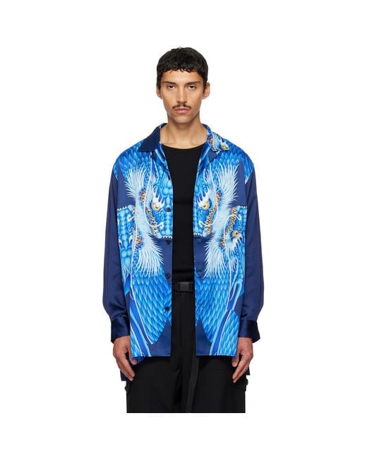 Y-3 Blue Satin Graphic 'Dragon' Shirt for men