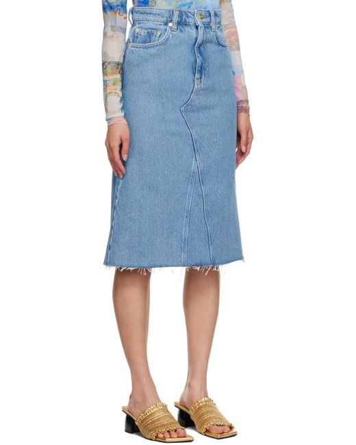 Ganni Blue Raw Edge Denim Midi Skirt