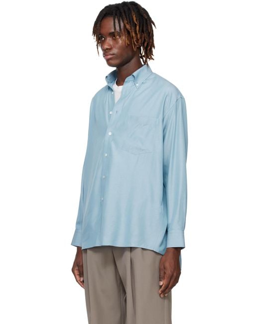 Auralee Blue Silk Broad Button Down Shirt for men