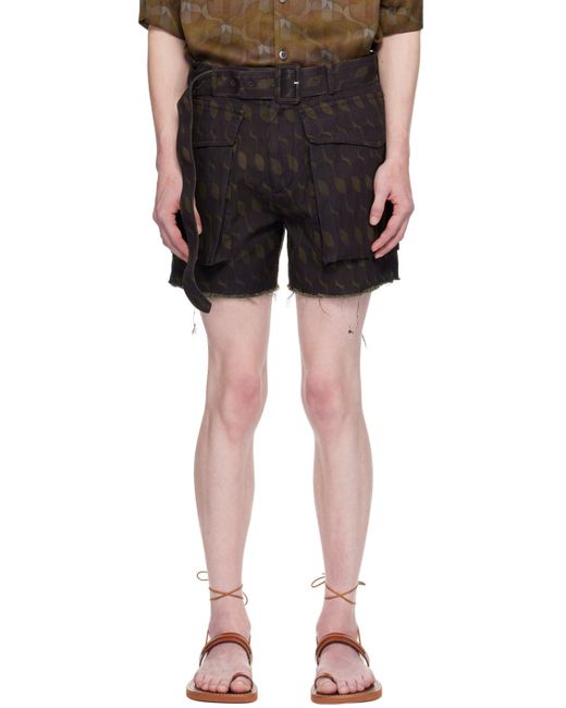 Dries Van Noten Black Purple & Khaki Belted Shorts for men