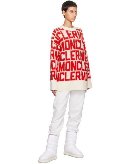 Pull rouge et blanc à motif à logo en tricot jacquard Moncler en coloris Red