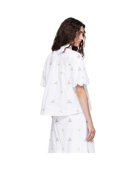 Simone Rocha White Cropped Rosebud Puff Sleeve Lace Trim Shirt