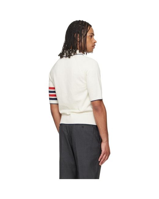 Thom Browne White Thom E Linen Cotton 4-bar Relaxed Fit Polo for men
