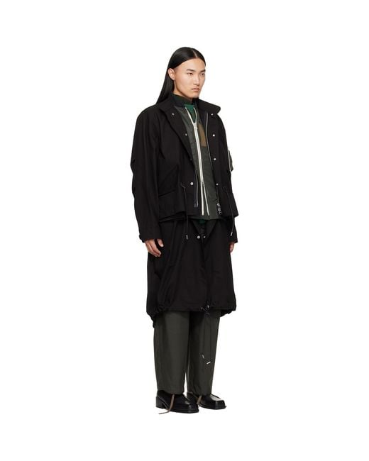 Sacai Black Nylon Twill X Ripstop Coat for men