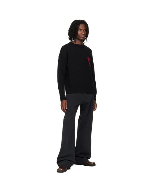 AMI Black Wool Contrasted Ami De Coeur Crewneck Sweater for men