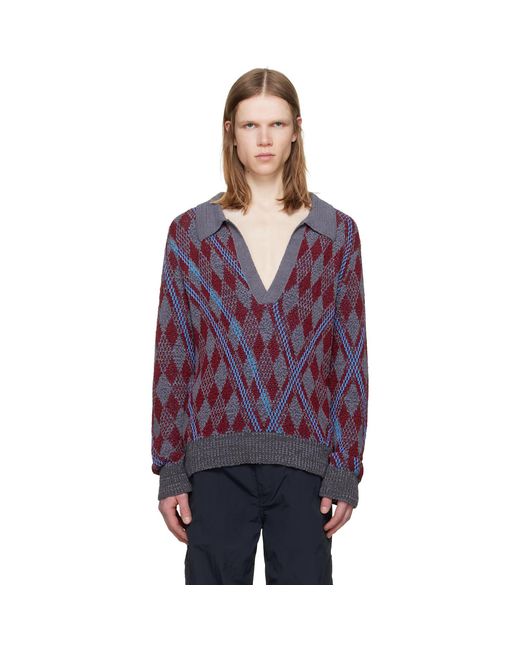 Dries Van Noten Purple Burgundy Argyle Polo for men