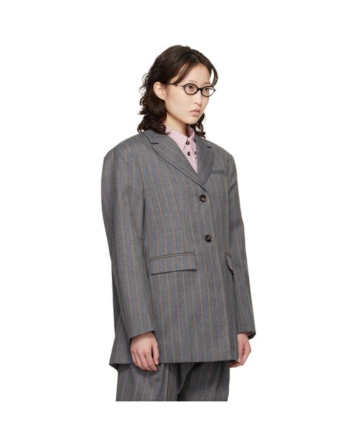 Ganni Gray Stripe Wool Blazer