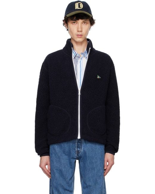 Drake's Black Boucle Wool Zip Fleece Jacket for men