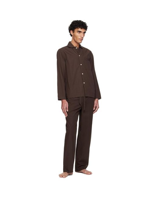 Tekla Brown Poplin Long-Sleeved Pyjama Shirt for men
