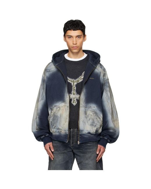 we11done Blue Zip-Up Dirty Denim Jacket for men