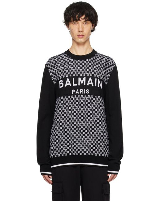 Balmain Black Pullover In Jacquard Mini Monogramma for men