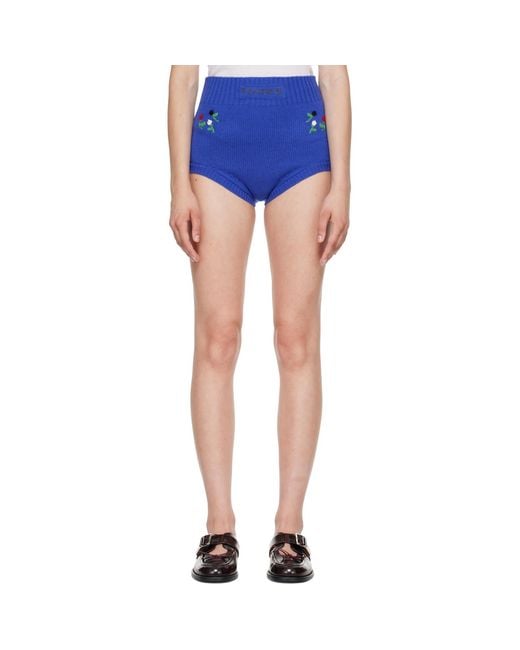 Marni Blue Wool-Cashmere Flower Embroidery Brief Shorts