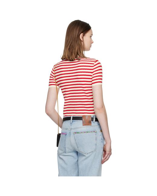 Valentino Red Knit Stripe Short Sleeve Sweater