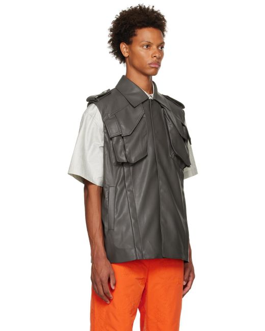 Feng Chen Wang Black Vented Faux-Leather Vest for men