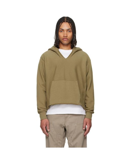 Les Tien Green Khaki Heavyweight Raw Cropped Hoodie for men