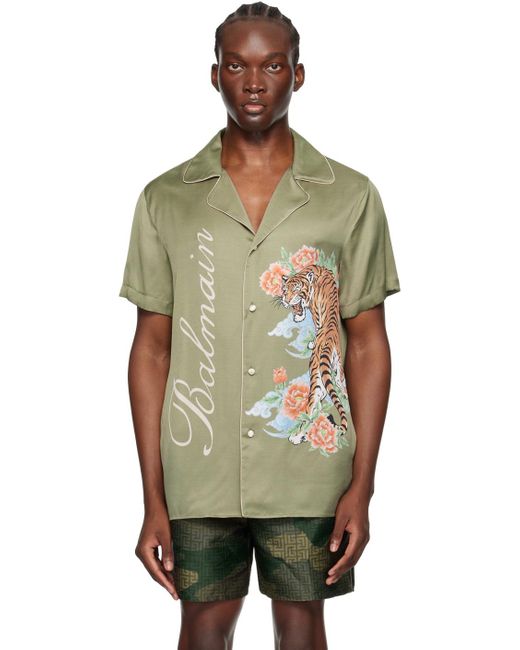 メンズ Balmain カーキ タイガープリント シャツ Green
