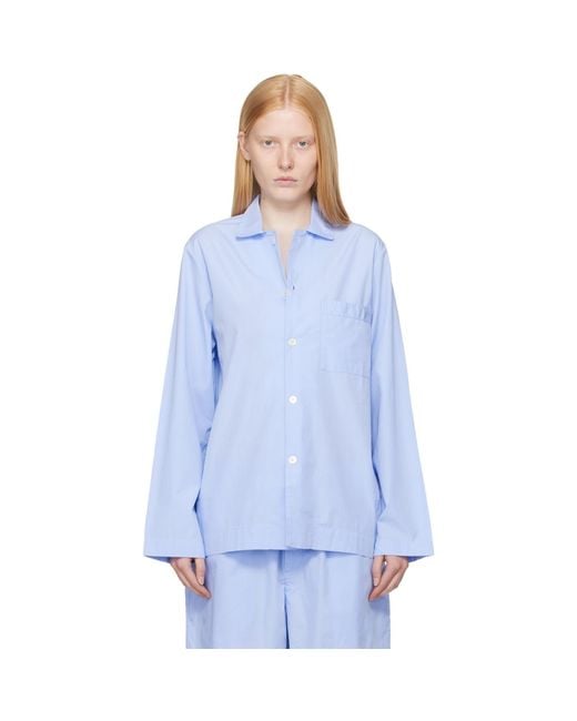 Tekla Blue Poplin Long-Sleeved Pyjama Shirt