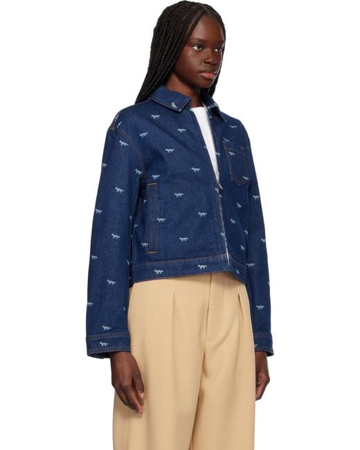 Maison Kitsuné Blue Zipped Cropped Denim Jacket