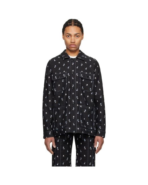 Anna Sui Black Embroidered Roses Barn Denim Jacket for men