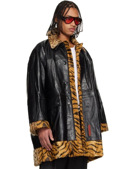 Martine Rose Black Tan Leopard Reversible Leather Coat for men