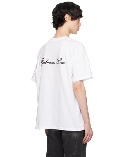 メンズ Balmain ホワイト ロゴ刺繍 Tシャツ White