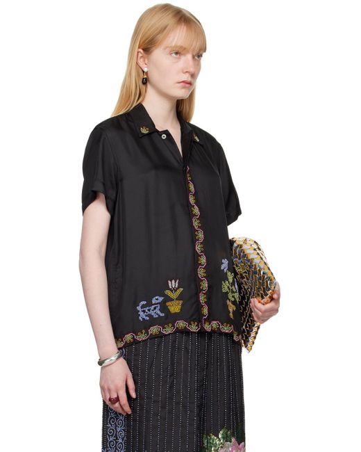 Chemise noire à images et ornements floraux perlés à la main Bode en coloris Black