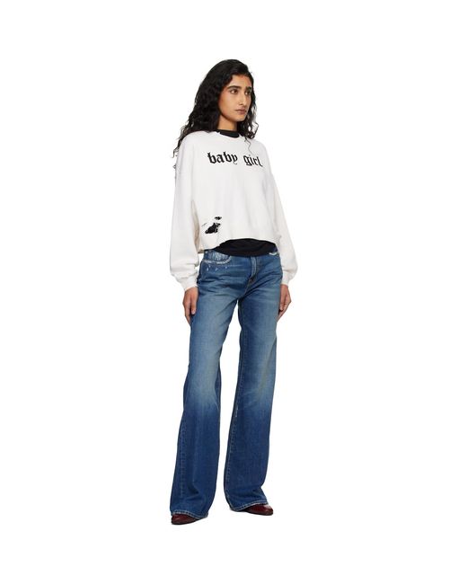 R13 Blue Off- 'Baby Girl' Cropped Crewneck Sweatshirt