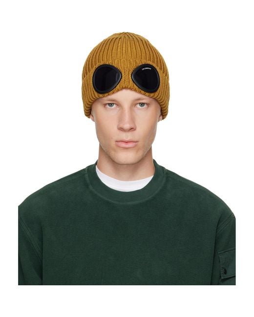 C P Company Green Extrafine Merino Wool Goggle Beanie for men