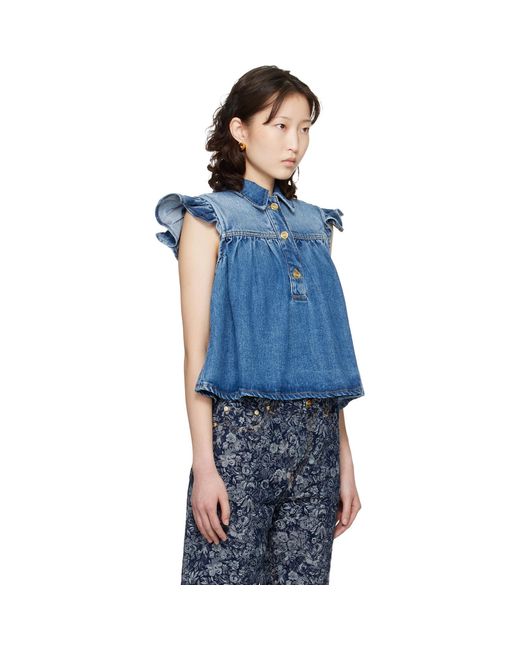 Ganni Blue Denim Ruffle Top