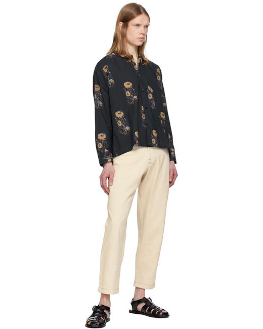 メンズ HARAGO ブラック Floral プリントシャツ Black